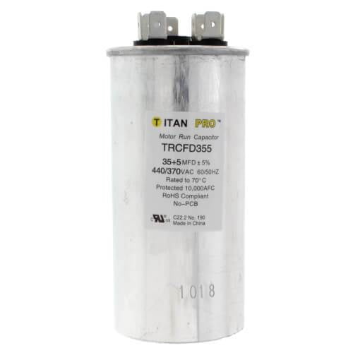 Titan TRCFD205 Dual Rated Motor Run Capacitor Round MFD 20/5 Volts 440/370 Titan TRCFD205 Dual Rated Motor Run Capacitor Round MFD 20/5 Volts 440/370